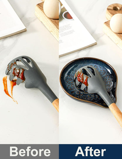 Spoon Rest for Stove Top, Ceramic Cooking Spoon Holder for Kitchen Counter, Farmhouse Cooking Utensil Holder for Spoons, Ladles, Spatula, Glazed Blue