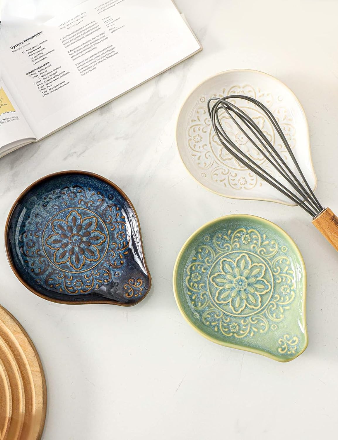 Spoon Rest for Stove Top, Ceramic Cooking Spoon Holder for Kitchen Counter, Farmhouse Cooking Utensil Holder for Spoons, Ladles, Spatula, Glazed Blue