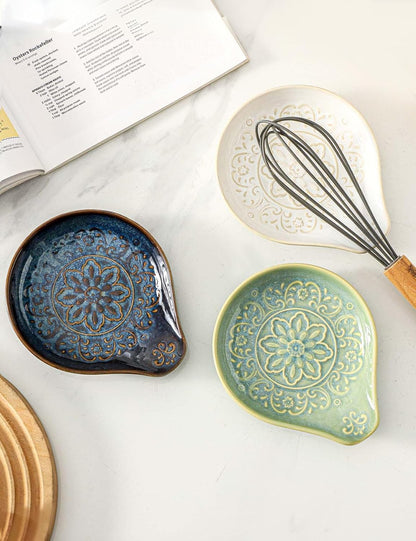 Spoon Rest for Stove Top, Ceramic Cooking Spoon Holder for Kitchen Counter, Farmhouse Cooking Utensil Holder for Spoons, Ladles, Spatula, Glazed Blue