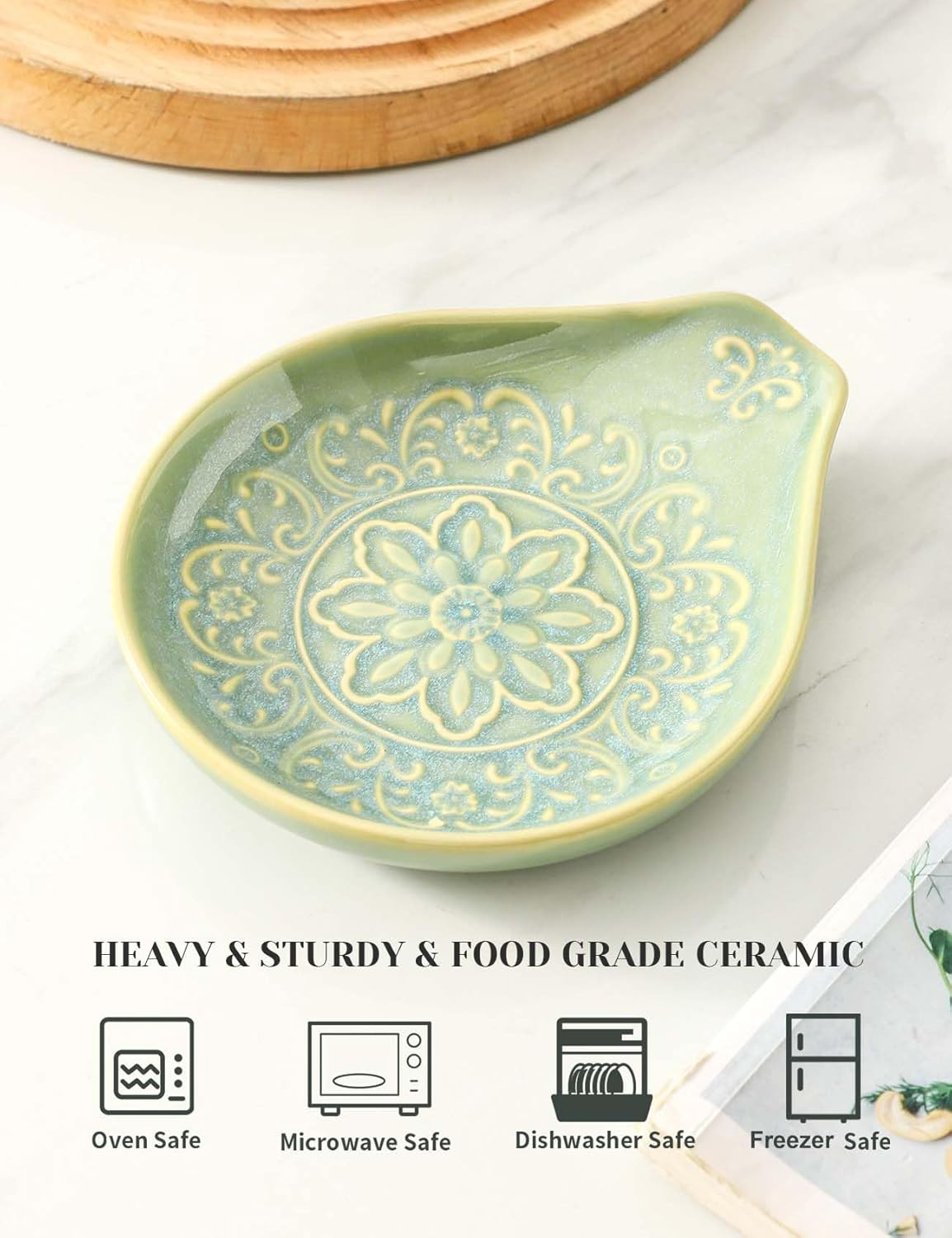 Spoon Rest for Stove Top, Ceramic Cooking Spoon Holder for Kitchen Counter, Farmhouse Cooking Utensil Holder for Spoons, Ladles, Spatula, Glazed Blue