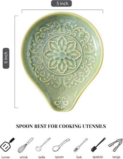 Spoon Rest for Stove Top, Ceramic Cooking Spoon Holder for Kitchen Counter, Farmhouse Cooking Utensil Holder for Spoons, Ladles, Spatula, Glazed Blue