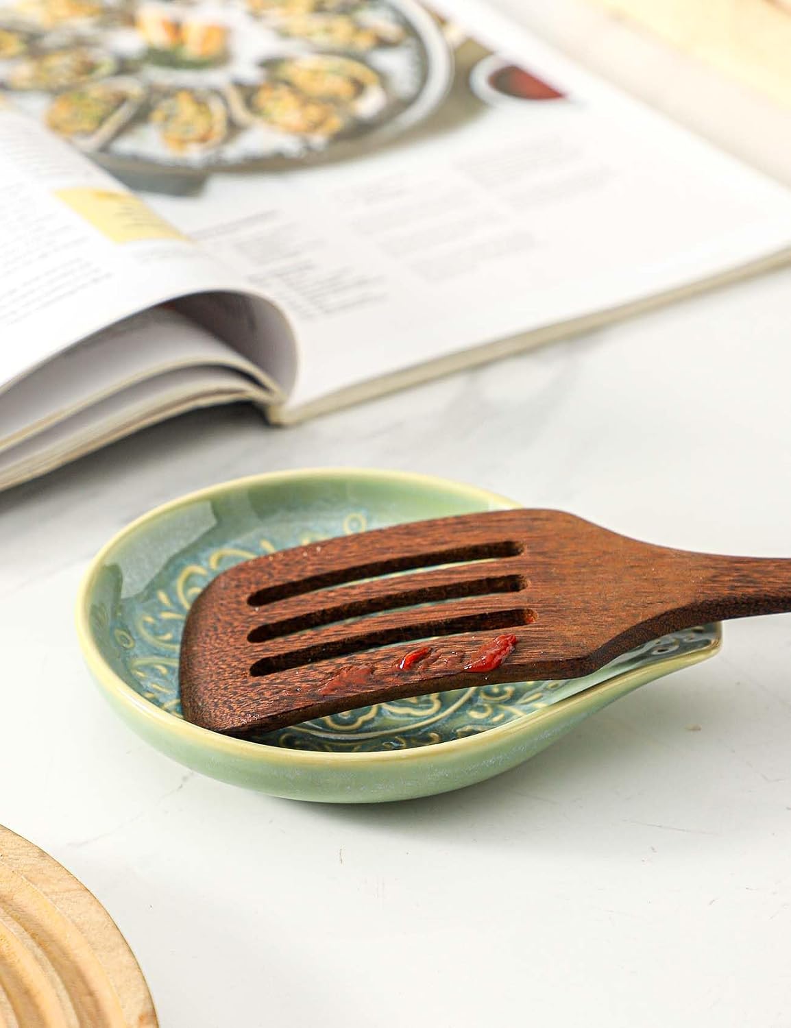 Spoon Rest for Stove Top, Ceramic Cooking Spoon Holder for Kitchen Counter, Farmhouse Cooking Utensil Holder for Spoons, Ladles, Spatula, Glazed Blue