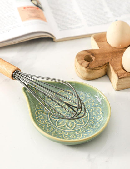 Spoon Rest for Stove Top, Ceramic Cooking Spoon Holder for Kitchen Counter, Farmhouse Cooking Utensil Holder for Spoons, Ladles, Spatula, Glazed Blue