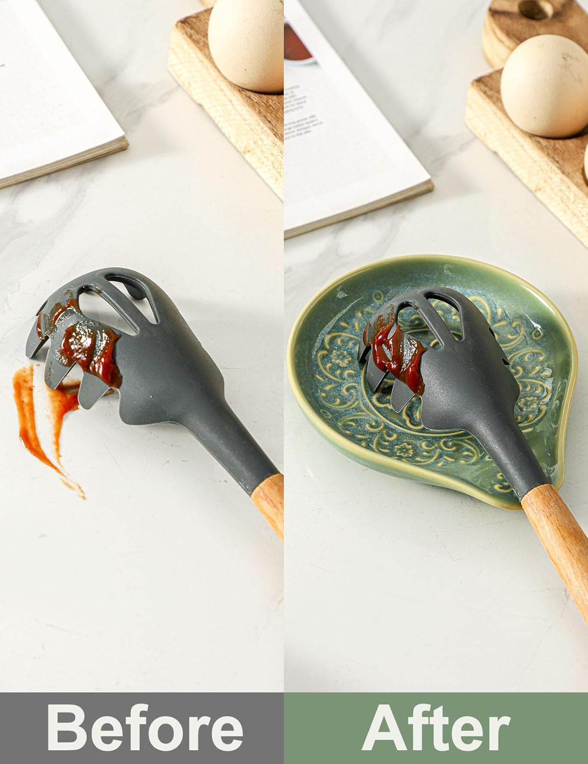 Spoon Rest for Stove Top, Ceramic Cooking Spoon Holder for Kitchen Counter, Farmhouse Cooking Utensil Holder for Spoons, Ladles, Spatula, Glazed Blue