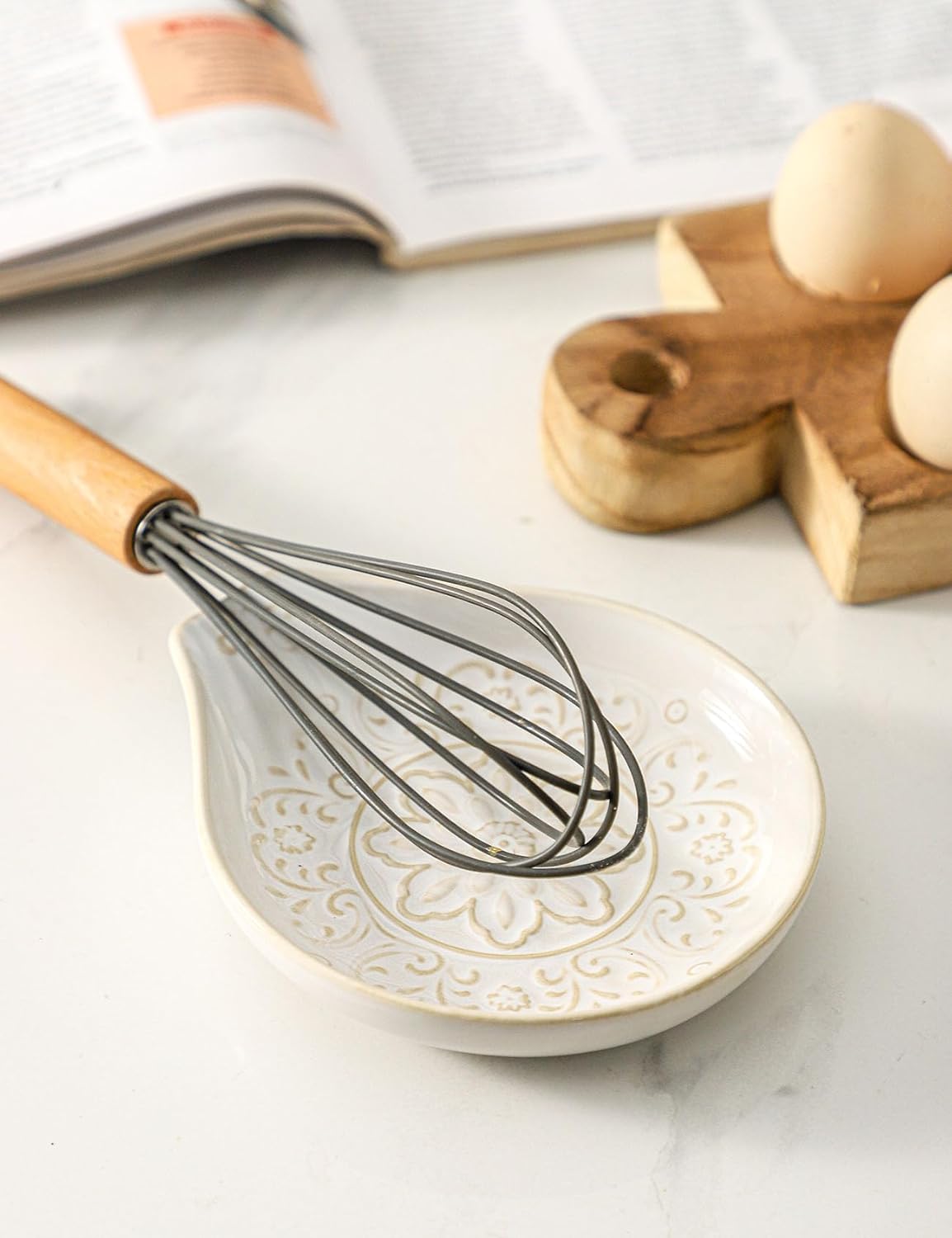 Spoon Rest for Stove Top, Ceramic Cooking Spoon Holder for Kitchen Counter, Farmhouse Cooking Utensil Holder for Spoons, Ladles, Spatula, Glazed Blue