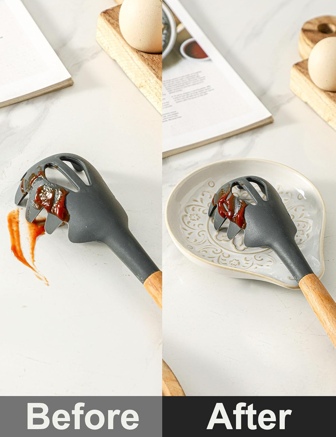 Spoon Rest for Stove Top, Ceramic Cooking Spoon Holder for Kitchen Counter, Farmhouse Cooking Utensil Holder for Spoons, Ladles, Spatula, Glazed Blue