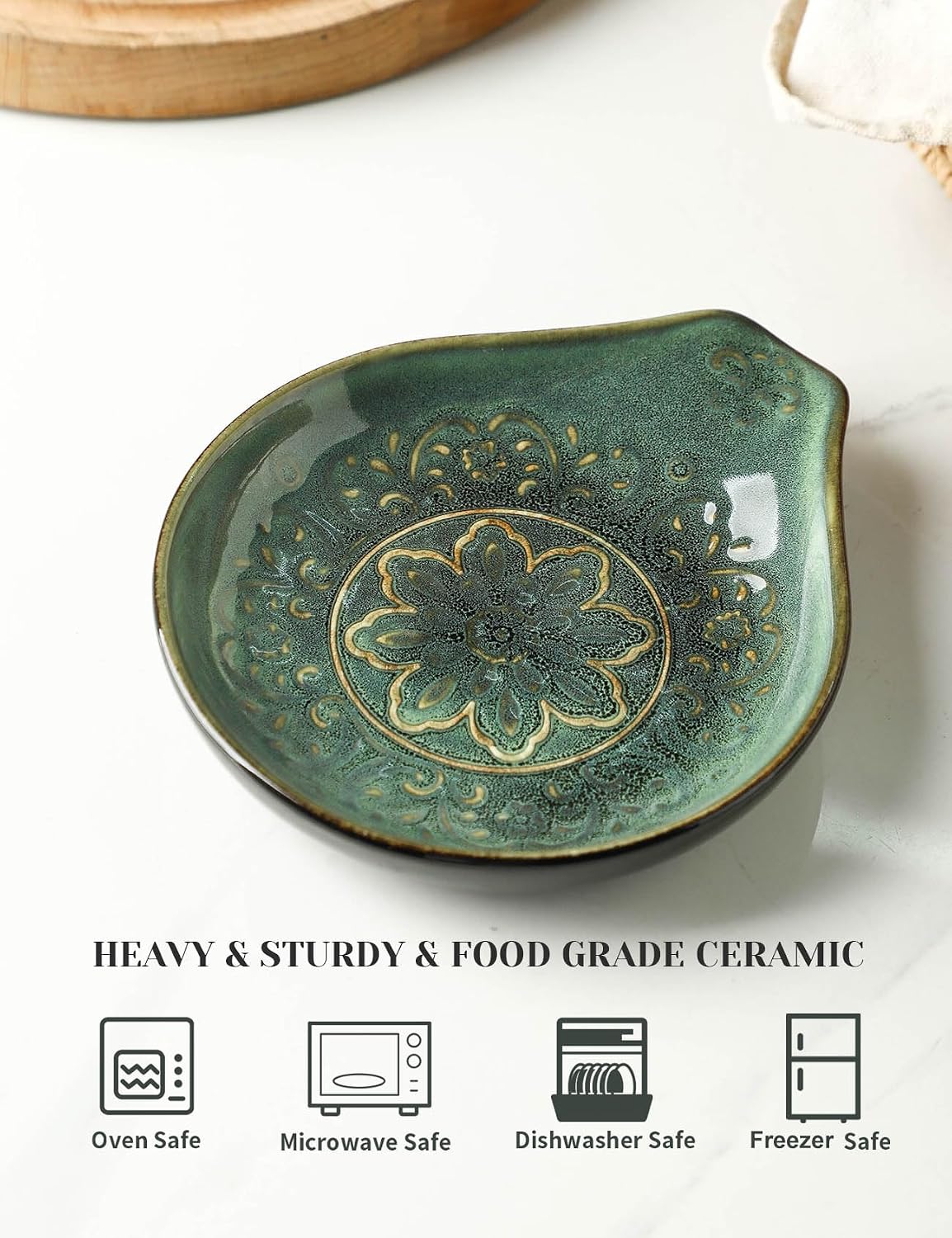 Spoon Rest for Stove Top, Ceramic Cooking Spoon Holder for Kitchen Counter, Farmhouse Cooking Utensil Holder for Spoons, Ladles, Spatula, Glazed Blue