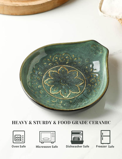 Spoon Rest for Stove Top, Ceramic Cooking Spoon Holder for Kitchen Counter, Farmhouse Cooking Utensil Holder for Spoons, Ladles, Spatula, Glazed Blue