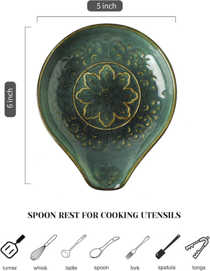 Spoon Rest for Stove Top, Ceramic Cooking Spoon Holder for Kitchen Counter, Farmhouse Cooking Utensil Holder for Spoons, Ladles, Spatula, Glazed Blue
