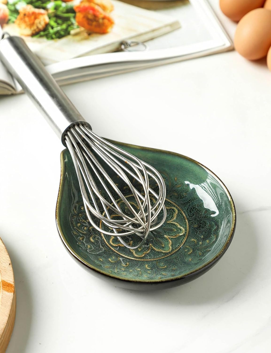 Spoon Rest for Stove Top, Ceramic Cooking Spoon Holder for Kitchen Counter, Farmhouse Cooking Utensil Holder for Spoons, Ladles, Spatula, Glazed Blue