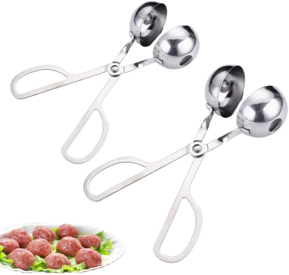 Stainless Steel Meat Ballers Tongs, Nonstick Meatball Scoop Ice Cream Ball Maker Tongs for Cake, Cookie Dough, Melon Fruits, Rice Mold Maker (2 Pack)