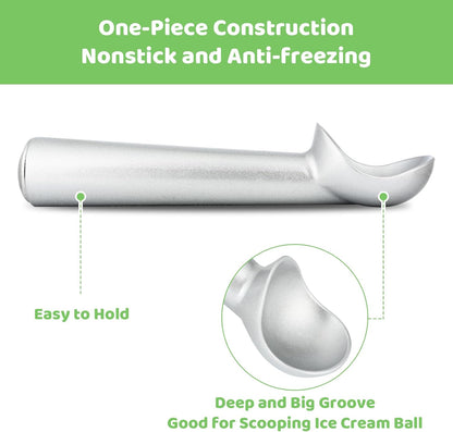 Ice Cream Scoop,7 inches Nonstick Anti-Freeze One Piece Aluminum Scooper Spoon, Heavy Duty Durable Design, Easy Clean, for Gelato, Cookie Dough, Sorbet, Almond (Silver)