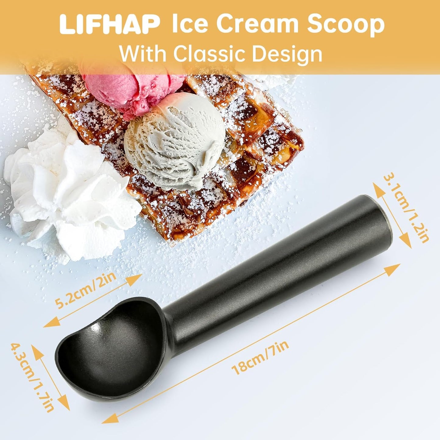 Ice Cream Scoop,7 inches Nonstick Anti-Freeze One Piece Aluminum Scooper Spoon, Heavy Duty Durable Design, Easy Clean, for Gelato, Cookie Dough, Sorbet, Almond (Silver)