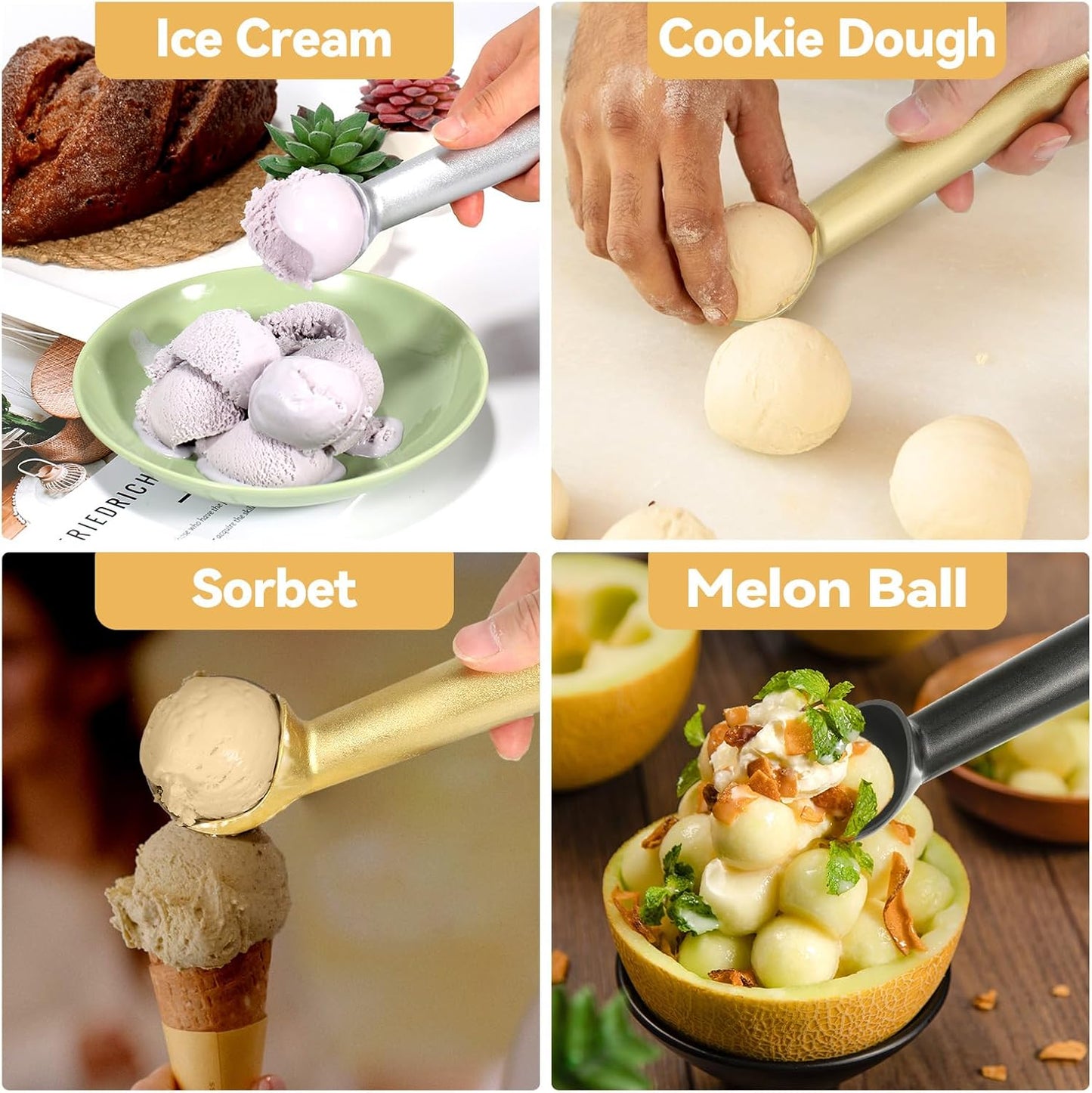 Ice Cream Scoop,7 inches Nonstick Anti-Freeze One Piece Aluminum Scooper Spoon, Heavy Duty Durable Design, Easy Clean, for Gelato, Cookie Dough, Sorbet, Almond (Silver)
