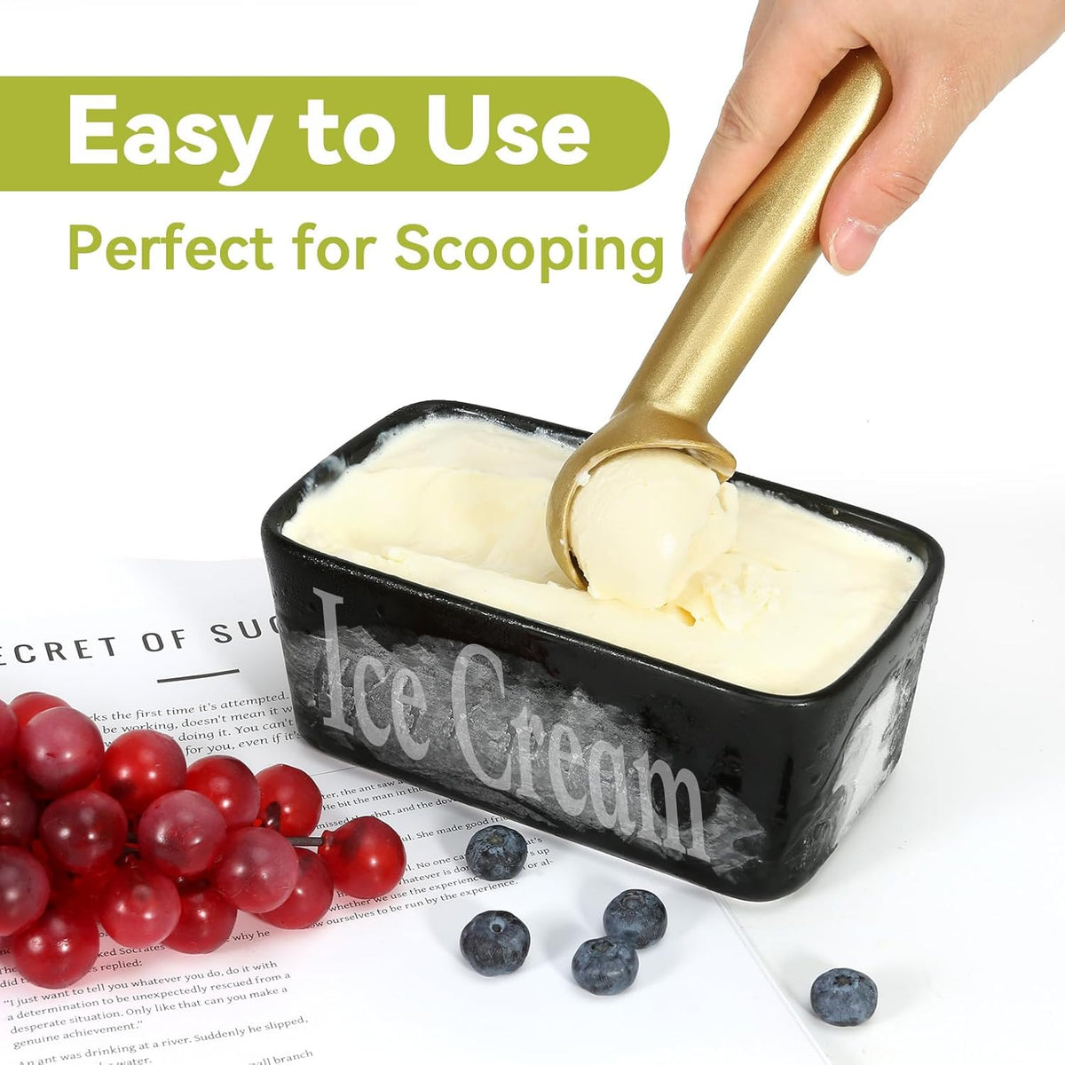 Ice Cream Scoop,7 inches Nonstick Anti-Freeze One Piece Aluminum Scooper Spoon, Heavy Duty Durable Design, Easy Clean, for Gelato, Cookie Dough, Sorbet, Almond (Silver)