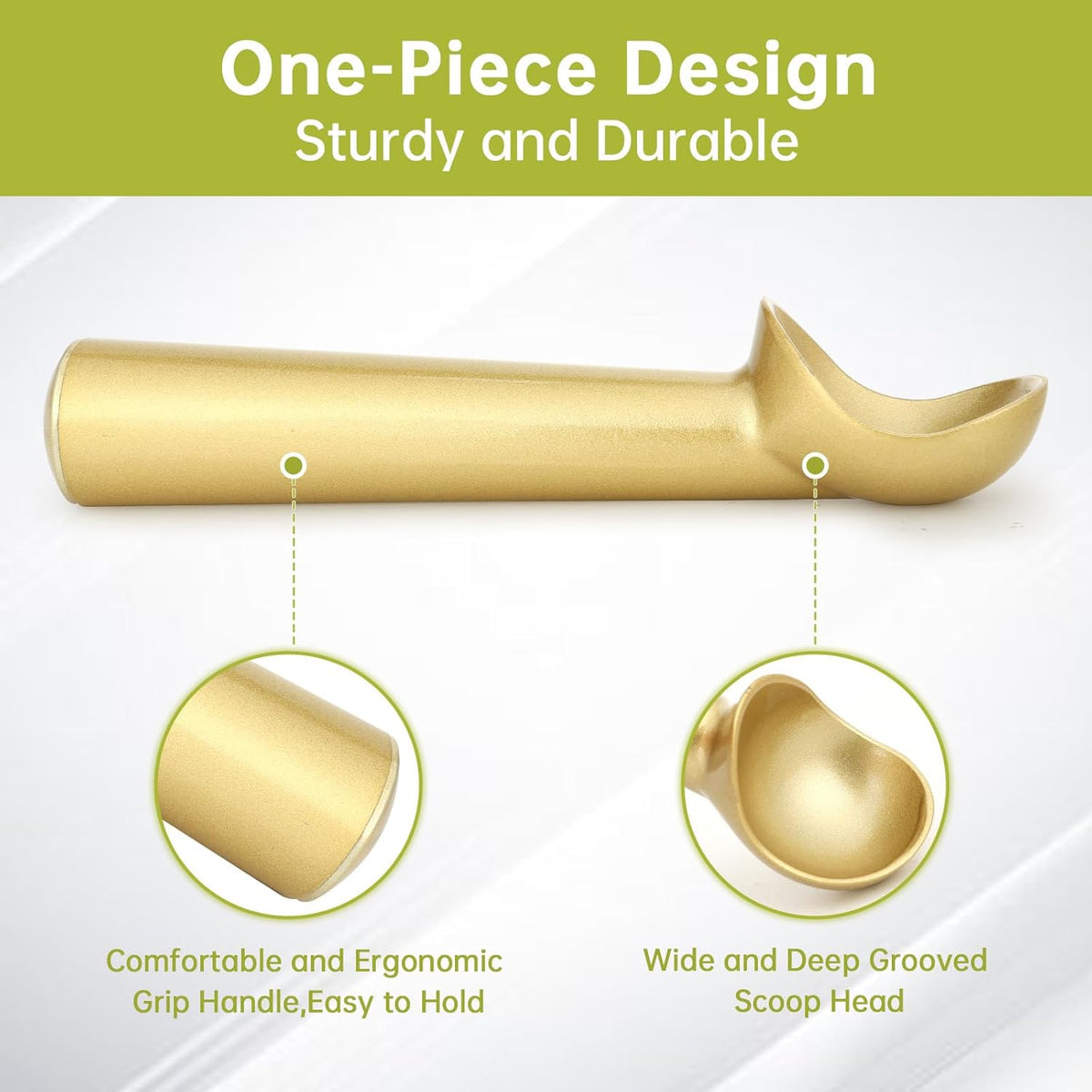 Ice Cream Scoop,7 inches Nonstick Anti-Freeze One Piece Aluminum Scooper Spoon, Heavy Duty Durable Design, Easy Clean, for Gelato, Cookie Dough, Sorbet, Almond (Silver)