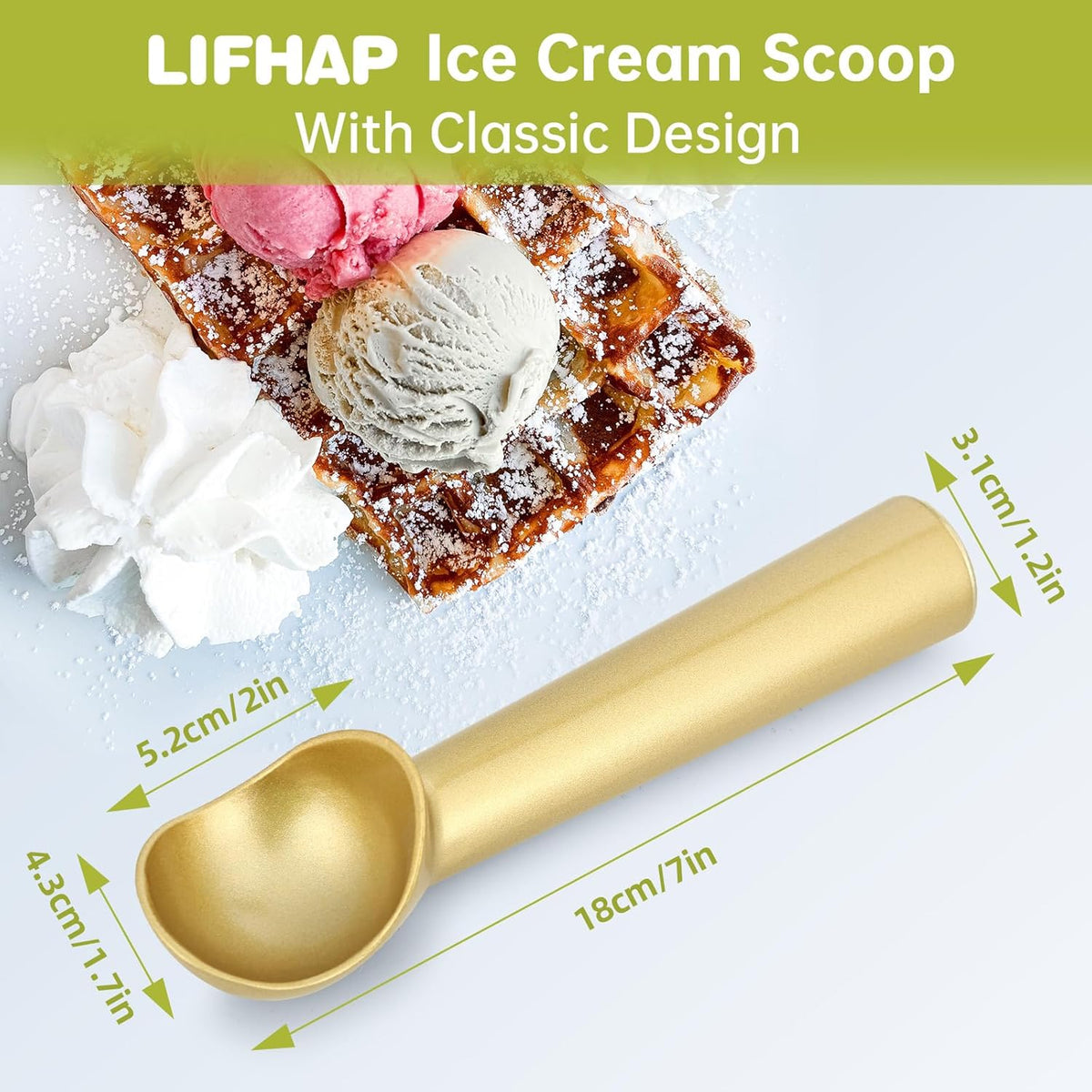 Ice Cream Scoop,7 inches Nonstick Anti-Freeze One Piece Aluminum Scooper Spoon, Heavy Duty Durable Design, Easy Clean, for Gelato, Cookie Dough, Sorbet, Almond (Silver)