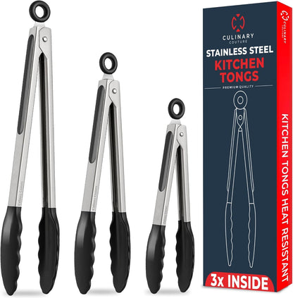 Kitchen Tongs - 12, 9 & 7 Inch Locking Silicone Tongs for Cooking, Set of 3 | Black Tongs with Silicone Tips, Heat Resistant Tongs for Grilling, Serving, Mixing