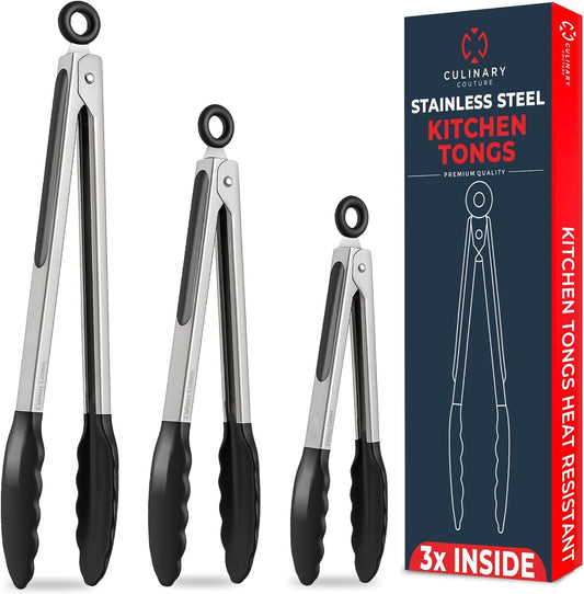 Kitchen Tongs - 12, 9 & 7 Inch Locking Silicone Tongs for Cooking, Set of 3 | Black Tongs with Silicone Tips, Heat Resistant Tongs for Grilling, Serving, Mixing