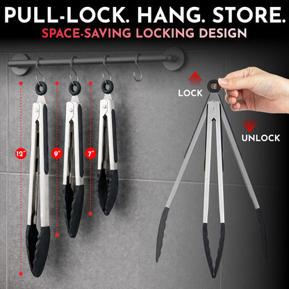 Kitchen Tongs - 12, 9 & 7 Inch Locking Silicone Tongs for Cooking, Set of 3 | Black Tongs with Silicone Tips, Heat Resistant Tongs for Grilling, Serving, Mixing
