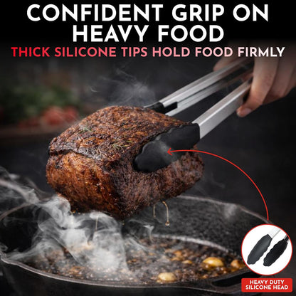 Kitchen Tongs - 12, 9 & 7 Inch Locking Silicone Tongs for Cooking, Set of 3 | Black Tongs with Silicone Tips, Heat Resistant Tongs for Grilling, Serving, Mixing