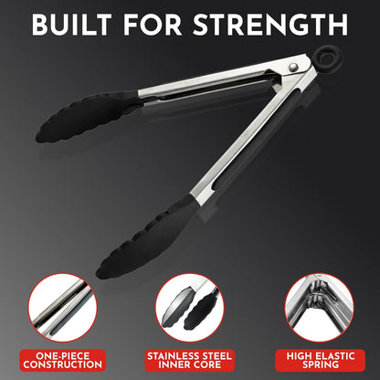 Kitchen Tongs - 12, 9 & 7 Inch Locking Silicone Tongs for Cooking, Set of 3 | Black Tongs with Silicone Tips, Heat Resistant Tongs for Grilling, Serving, Mixing