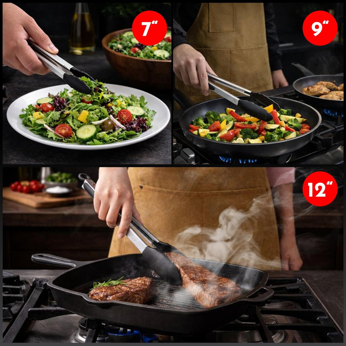 Kitchen Tongs - 12, 9 & 7 Inch Locking Silicone Tongs for Cooking, Set of 3 | Black Tongs with Silicone Tips, Heat Resistant Tongs for Grilling, Serving, Mixing