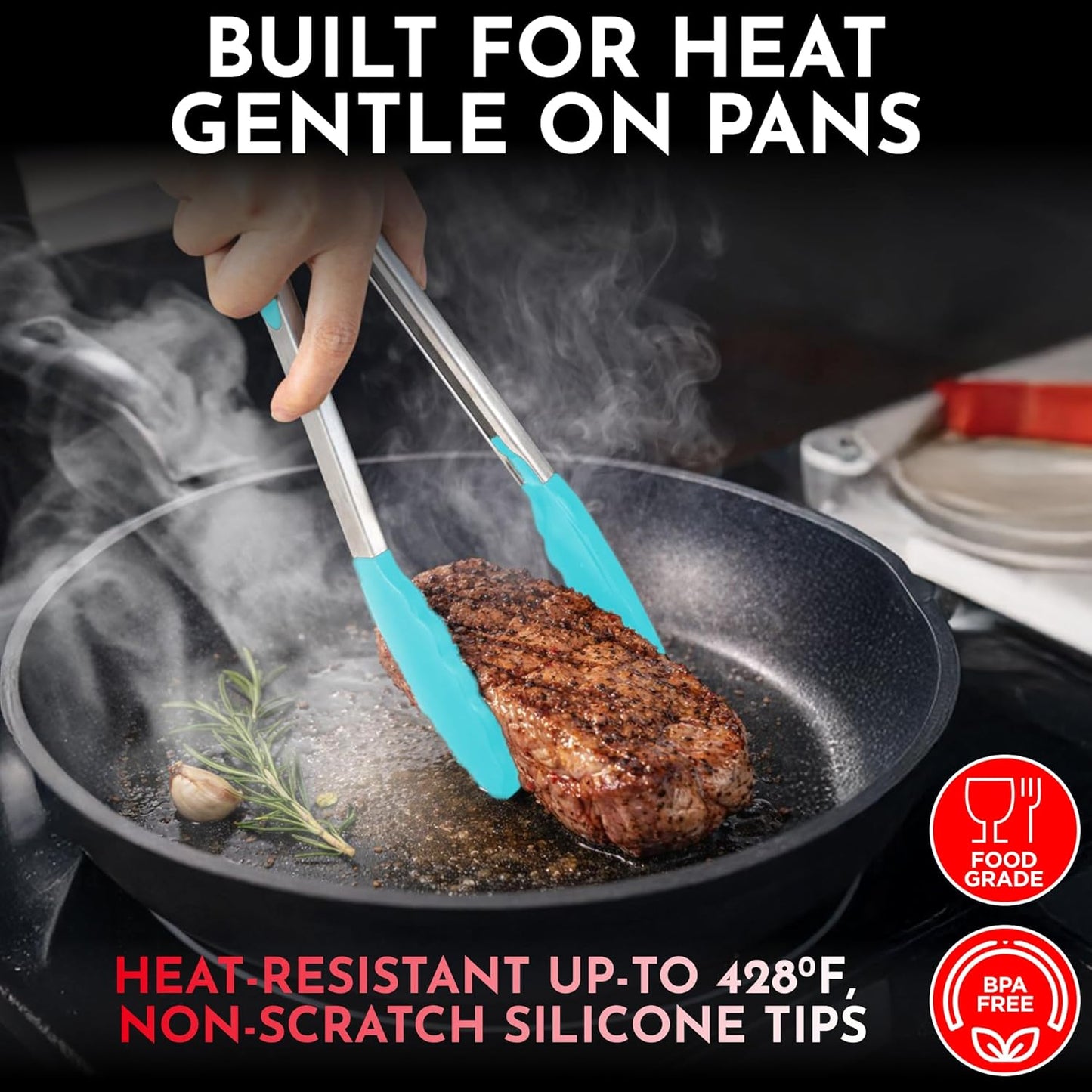 Kitchen Tongs - 12, 9 & 7 Inch Locking Silicone Tongs for Cooking, Set of 3 | Black Tongs with Silicone Tips, Heat Resistant Tongs for Grilling, Serving, Mixing
