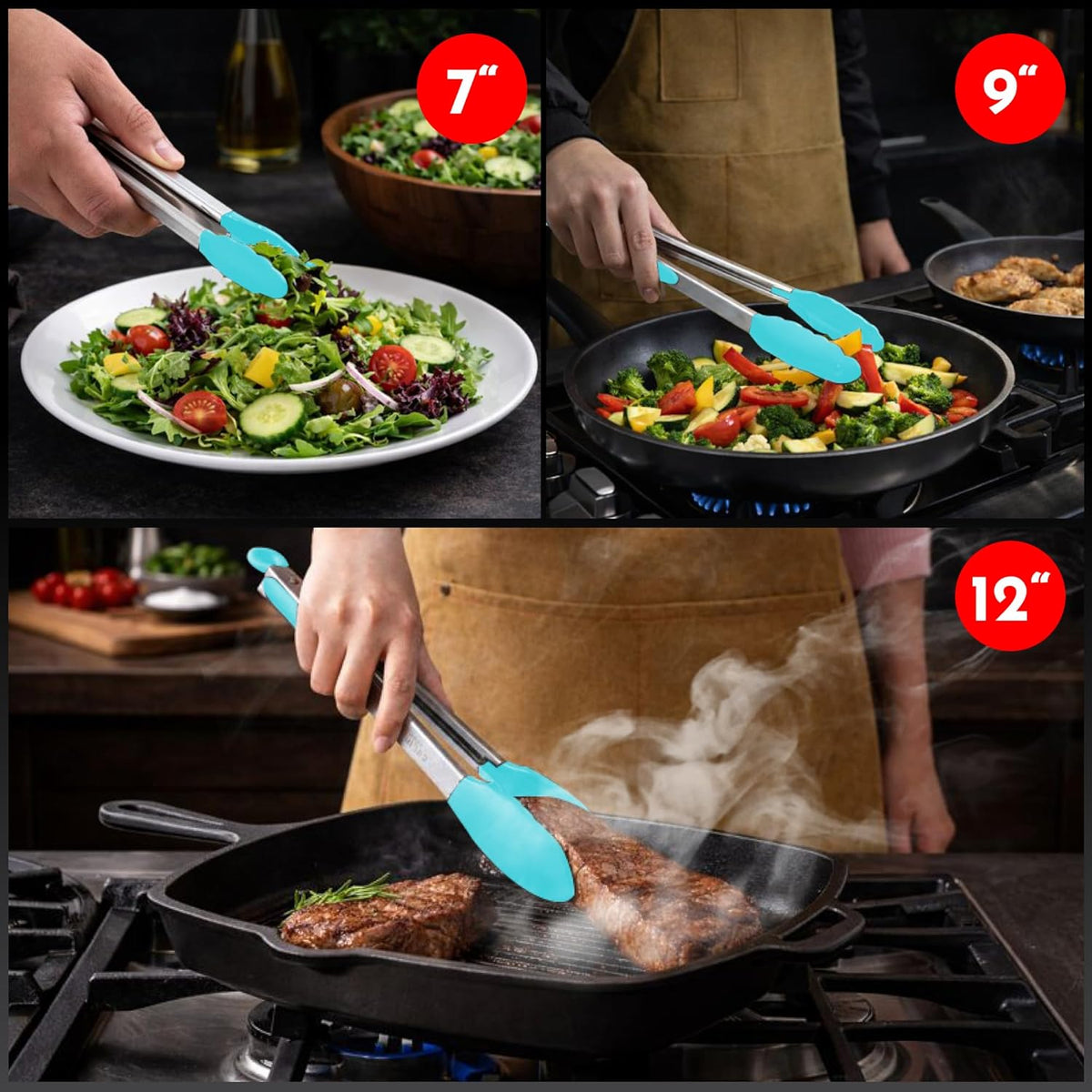 Kitchen Tongs - 12, 9 & 7 Inch Locking Silicone Tongs for Cooking, Set of 3 | Black Tongs with Silicone Tips, Heat Resistant Tongs for Grilling, Serving, Mixing