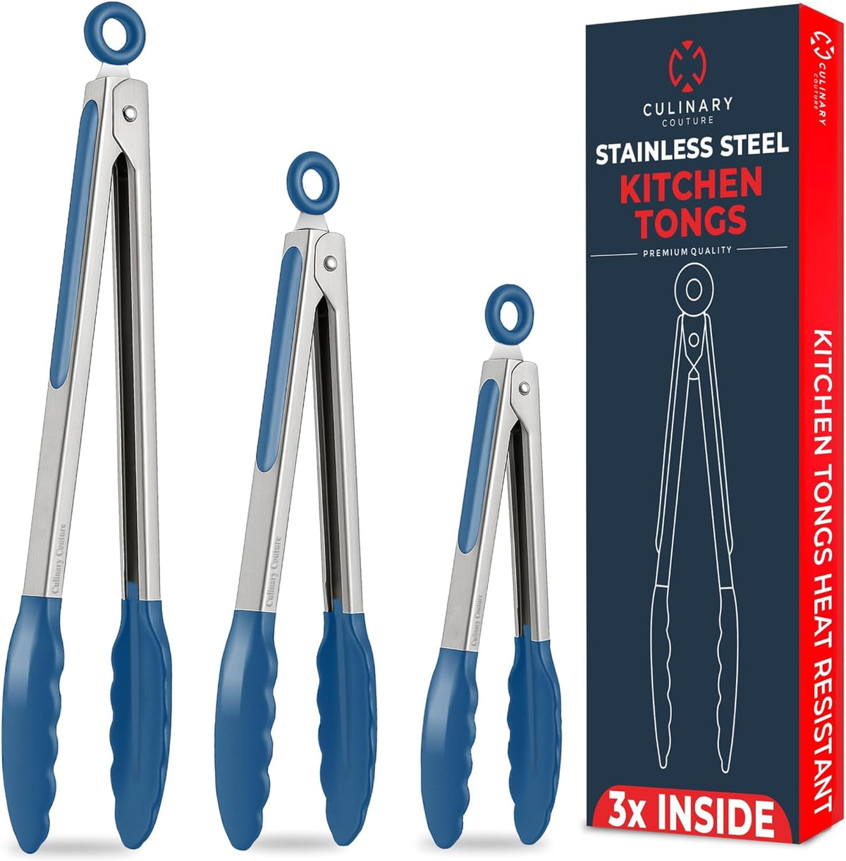 Kitchen Tongs - 12, 9 & 7 Inch Locking Silicone Tongs for Cooking, Set of 3 | Black Tongs with Silicone Tips, Heat Resistant Tongs for Grilling, Serving, Mixing