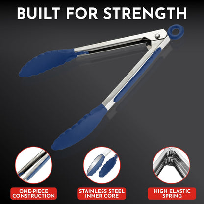 Kitchen Tongs - 12, 9 & 7 Inch Locking Silicone Tongs for Cooking, Set of 3 | Black Tongs with Silicone Tips, Heat Resistant Tongs for Grilling, Serving, Mixing