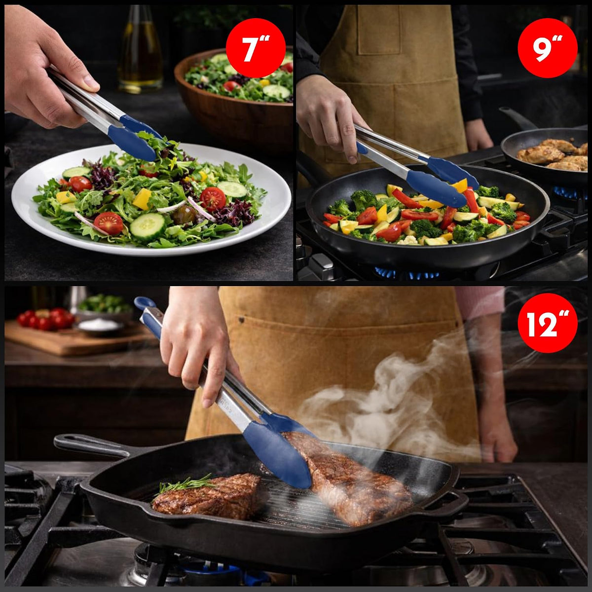 Kitchen Tongs - 12, 9 & 7 Inch Locking Silicone Tongs for Cooking, Set of 3 | Black Tongs with Silicone Tips, Heat Resistant Tongs for Grilling, Serving, Mixing