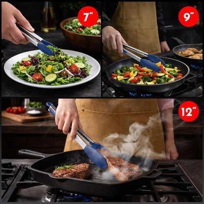 Kitchen Tongs - 12, 9 & 7 Inch Locking Silicone Tongs for Cooking, Set of 3 | Black Tongs with Silicone Tips, Heat Resistant Tongs for Grilling, Serving, Mixing