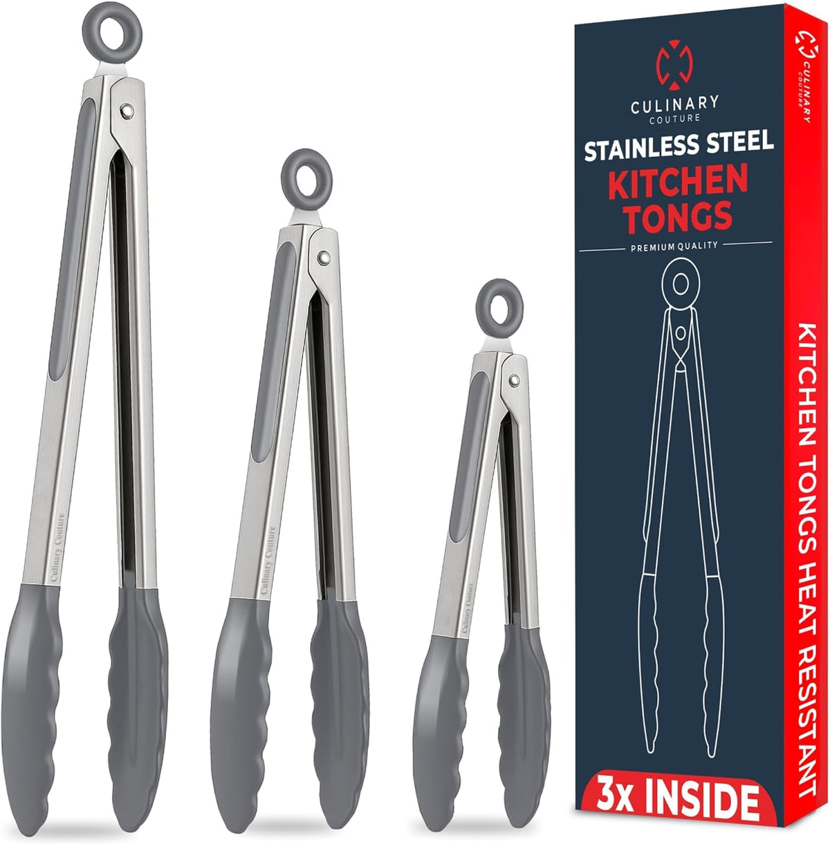 Kitchen Tongs - 12, 9 & 7 Inch Locking Silicone Tongs for Cooking, Set of 3 | Black Tongs with Silicone Tips, Heat Resistant Tongs for Grilling, Serving, Mixing
