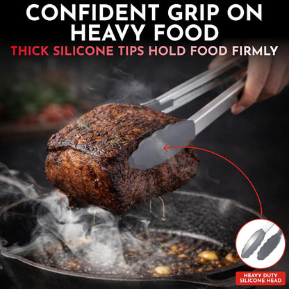 Kitchen Tongs - 12, 9 & 7 Inch Locking Silicone Tongs for Cooking, Set of 3 | Black Tongs with Silicone Tips, Heat Resistant Tongs for Grilling, Serving, Mixing