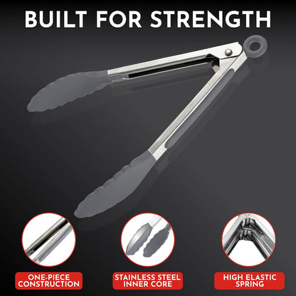 Kitchen Tongs - 12, 9 & 7 Inch Locking Silicone Tongs for Cooking, Set of 3 | Black Tongs with Silicone Tips, Heat Resistant Tongs for Grilling, Serving, Mixing