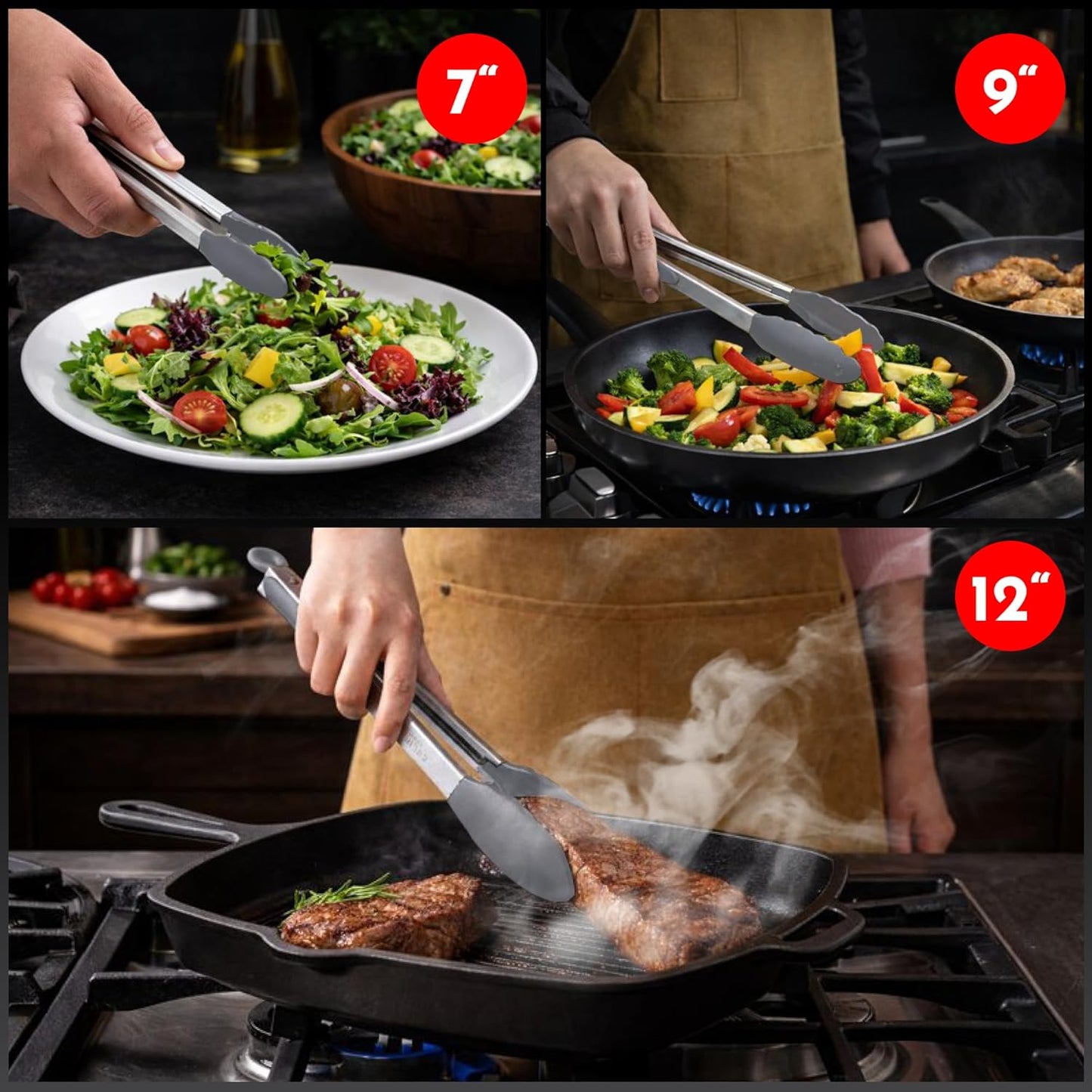 Kitchen Tongs - 12, 9 & 7 Inch Locking Silicone Tongs for Cooking, Set of 3 | Black Tongs with Silicone Tips, Heat Resistant Tongs for Grilling, Serving, Mixing
