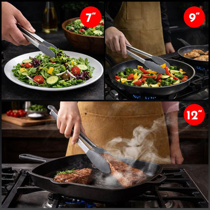 Kitchen Tongs - 12, 9 & 7 Inch Locking Silicone Tongs for Cooking, Set of 3 | Black Tongs with Silicone Tips, Heat Resistant Tongs for Grilling, Serving, Mixing
