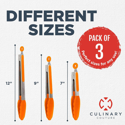 Kitchen Tongs - 12, 9 & 7 Inch Locking Silicone Tongs for Cooking, Set of 3 | Black Tongs with Silicone Tips, Heat Resistant Tongs for Grilling, Serving, Mixing