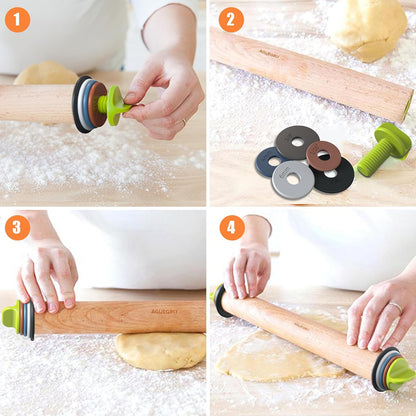 Rolling Pin with 4 Thickness Rings,Wooden Dough Roller For Baking