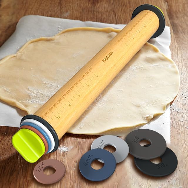 Rolling Pin with 4 Thickness Rings,Wooden Dough Roller For Baking