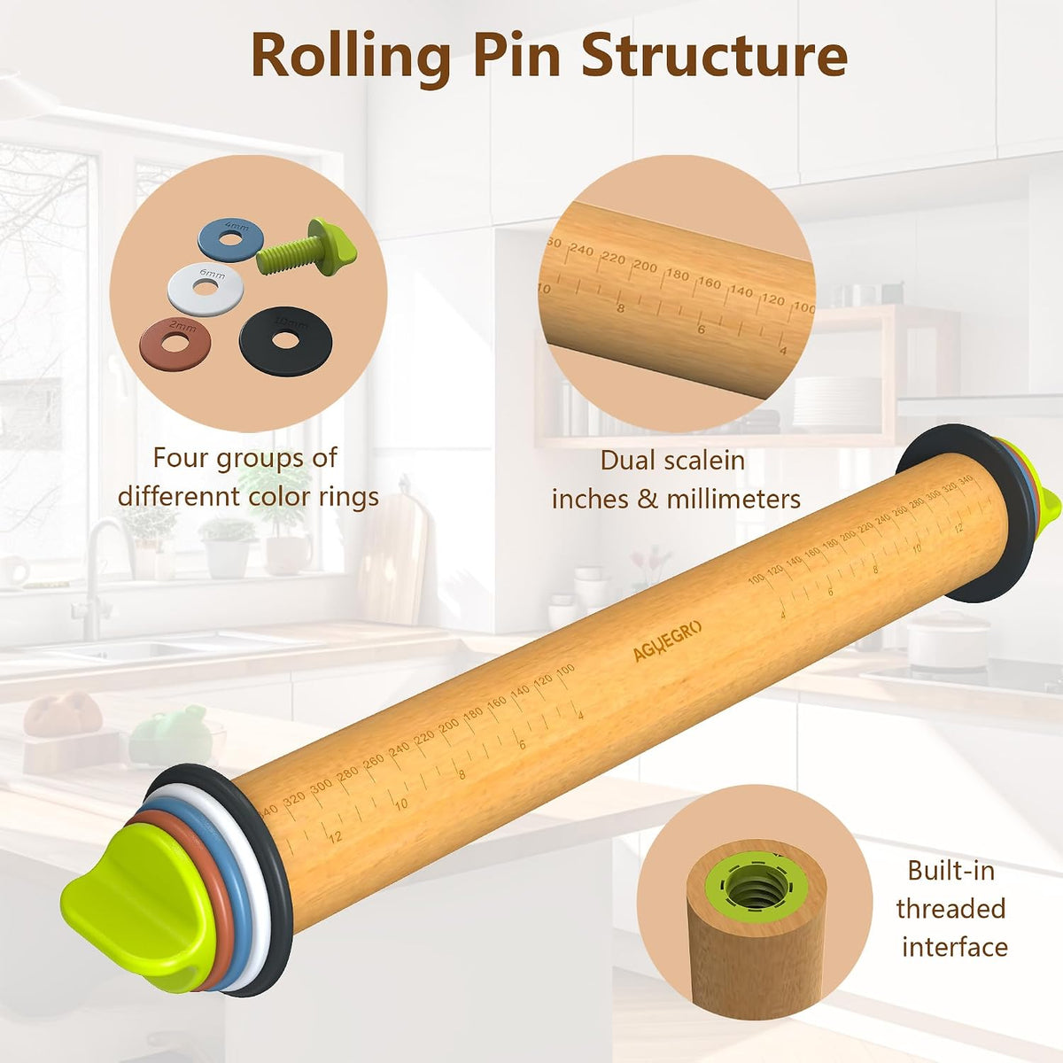 Rolling Pin with 4 Thickness Rings,Wooden Dough Roller For Baking