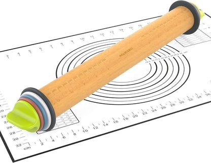 Rolling Pin with 4 Thickness Rings,Wooden Dough Roller For Baking
