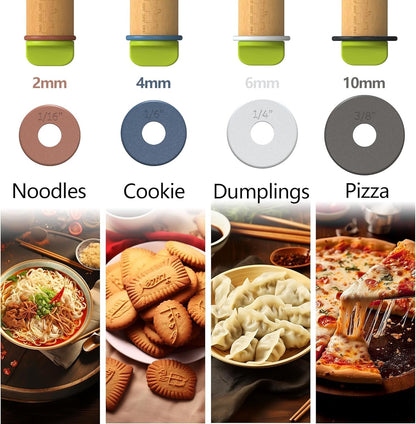Rolling Pin with 4 Thickness Rings,Wooden Dough Roller For Baking