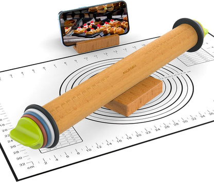 Rolling Pin with 4 Thickness Rings,Wooden Dough Roller For Baking