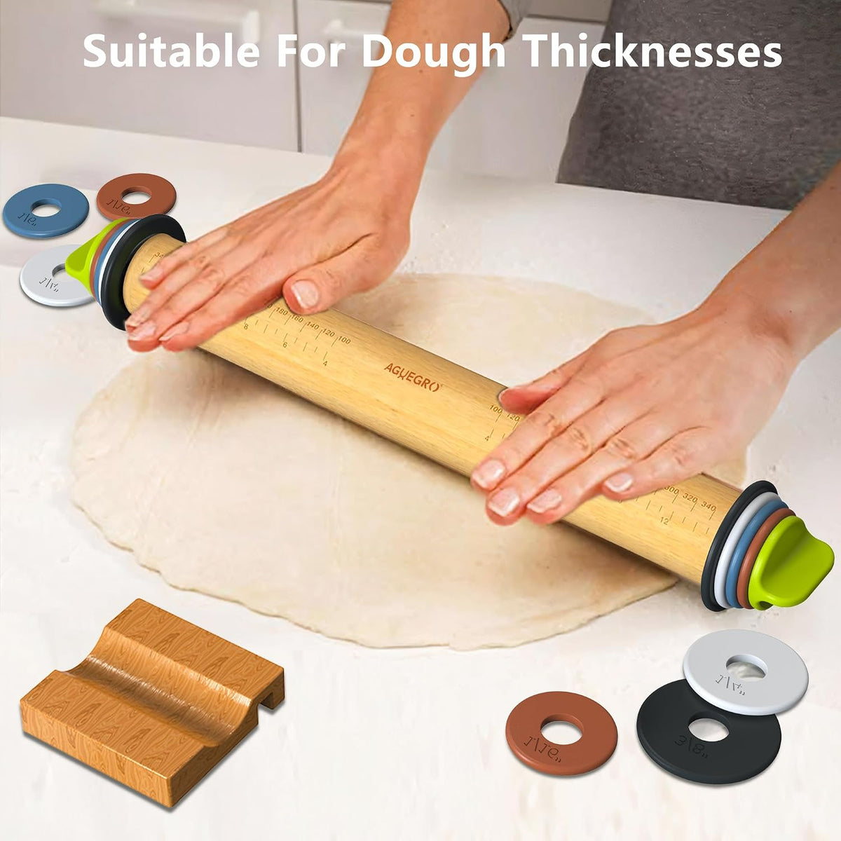 Rolling Pin with 4 Thickness Rings,Wooden Dough Roller For Baking