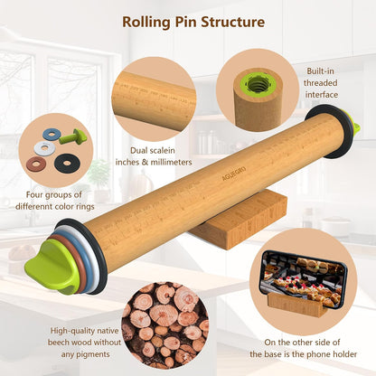 Rolling Pin with 4 Thickness Rings,Wooden Dough Roller For Baking