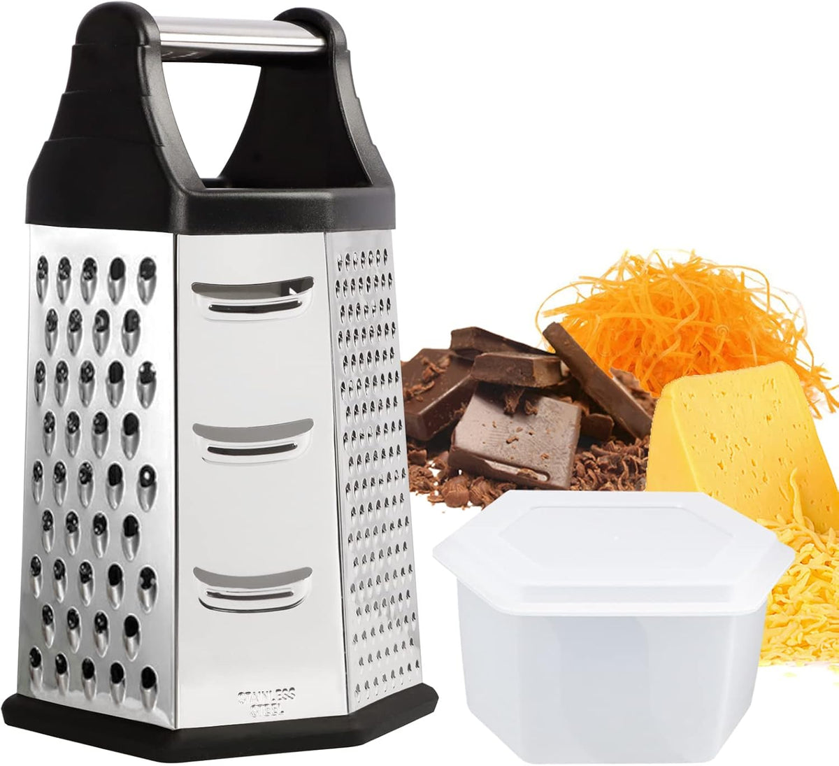 Box Grater, Cheese Grater Shredder Stainless Steel with 6 Sides, Best for Parmesan Cheese, Vegetables, Potatoes, Carrot, Ginger, Mandoline Vegetable Slicer with Detachable Container, Black