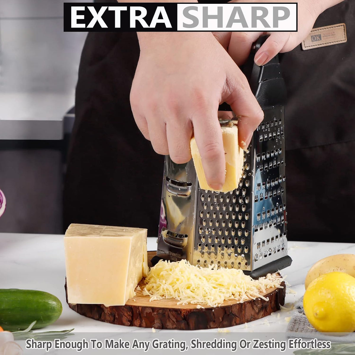 Box Grater, Cheese Grater Shredder Stainless Steel with 6 Sides, Best for Parmesan Cheese, Vegetables, Potatoes, Carrot, Ginger, Mandoline Vegetable Slicer with Detachable Container, Black