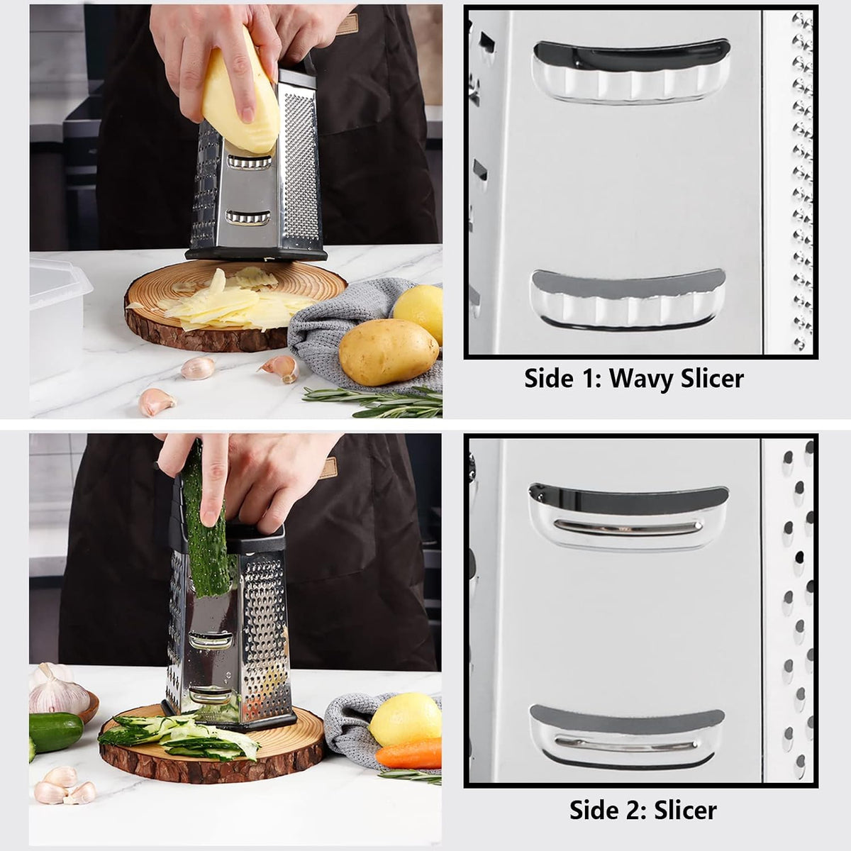Box Grater, Cheese Grater Shredder Stainless Steel with 6 Sides, Best for Parmesan Cheese, Vegetables, Potatoes, Carrot, Ginger, Mandoline Vegetable Slicer with Detachable Container, Black